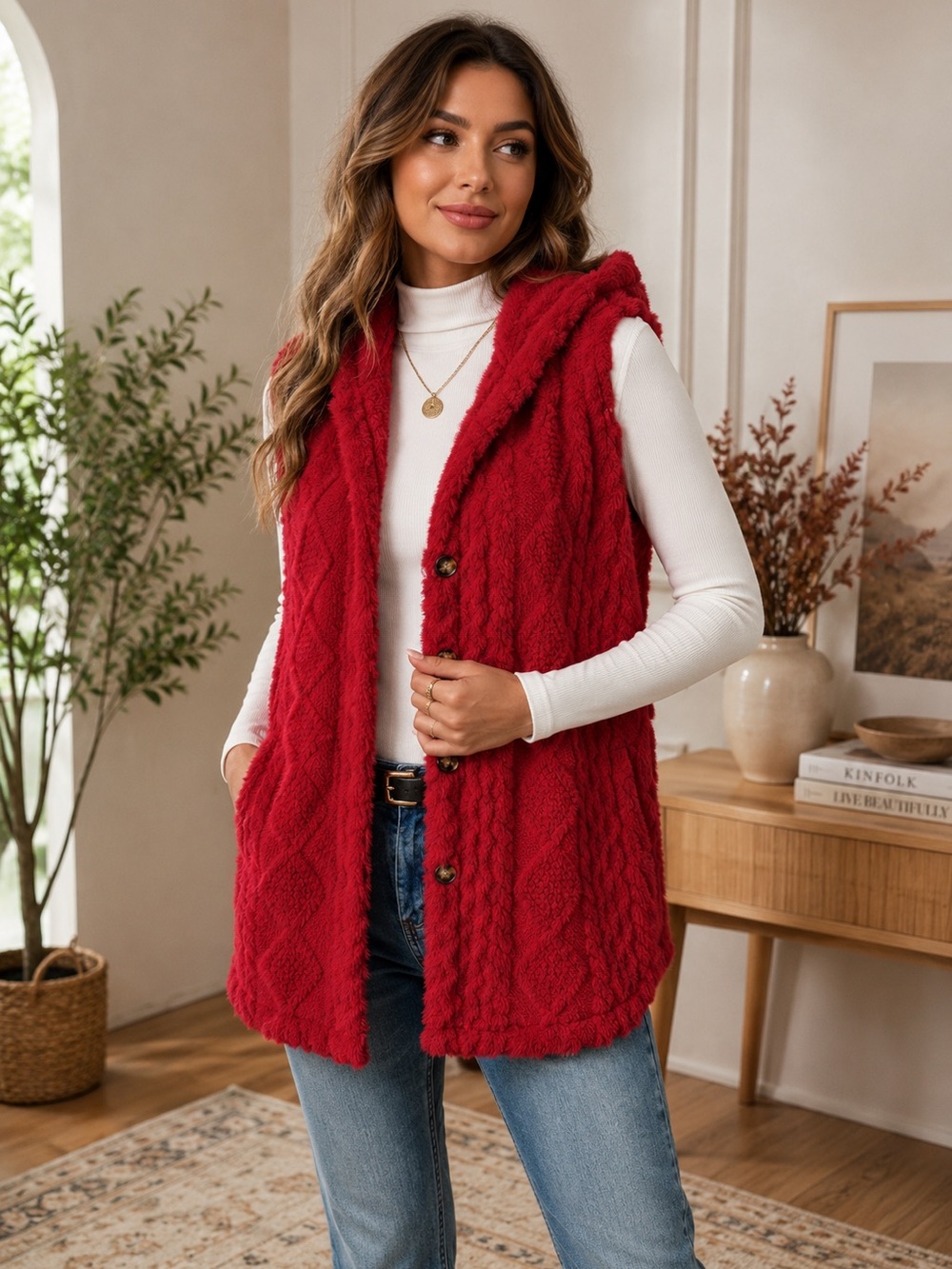 NEW - Women's Sleeveless Hooded Plush Jacket, Solid Color Red, Autumn/Winter